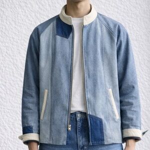 Handmade orange tab Levi’s denim jacket with lambs leather pockets stand collar